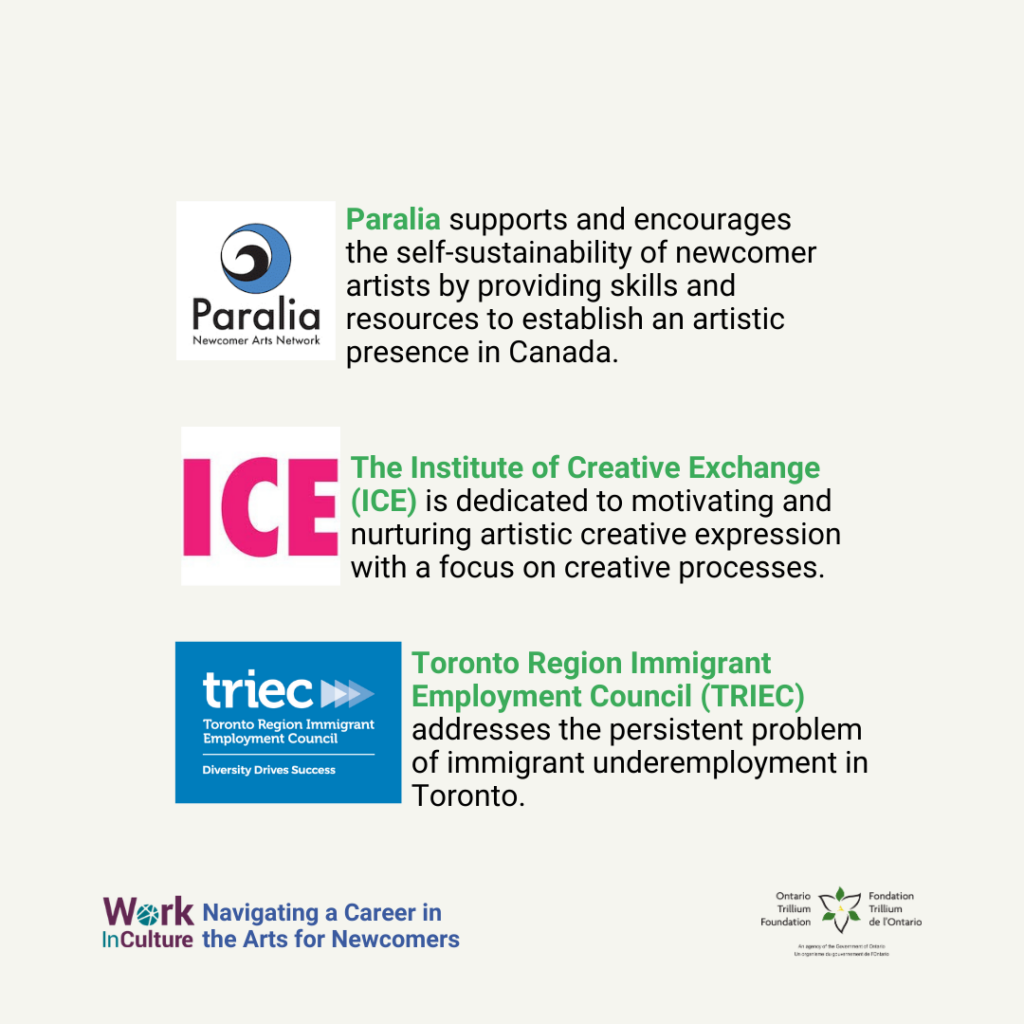 Paralia supports and encourages the self-sustainability of newcomer artists by providing skills and resources to establish an artistic presence in Canada. The Institute of Creative Exchange (ICE) is dedicated to motivating and nuturing artistic creative expression with a focus on creative processes. Toronto Region Immigrant Employment Council (TRIEC) addresses the persistent problem of immigrant underemployment in Toronto.